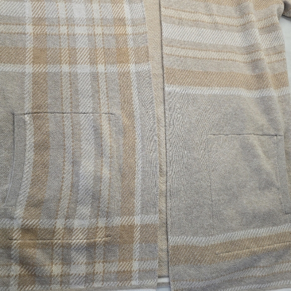 Lands' End Open Cardigan Sweater Beige Plaid Long Line Lightweight Cotton M - Picture 8 of 13